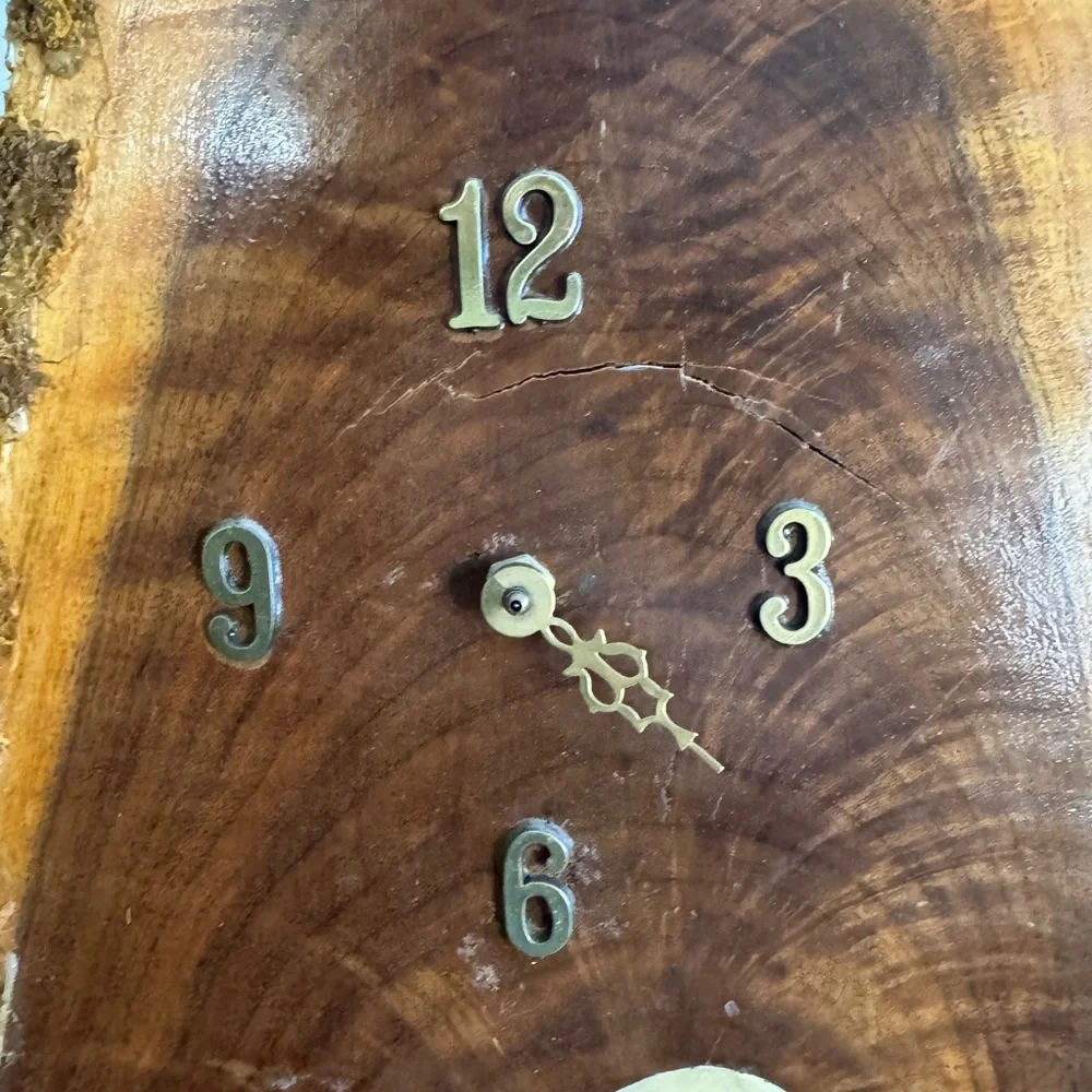 MCM wood slab with painted owl clock signed JO 1979